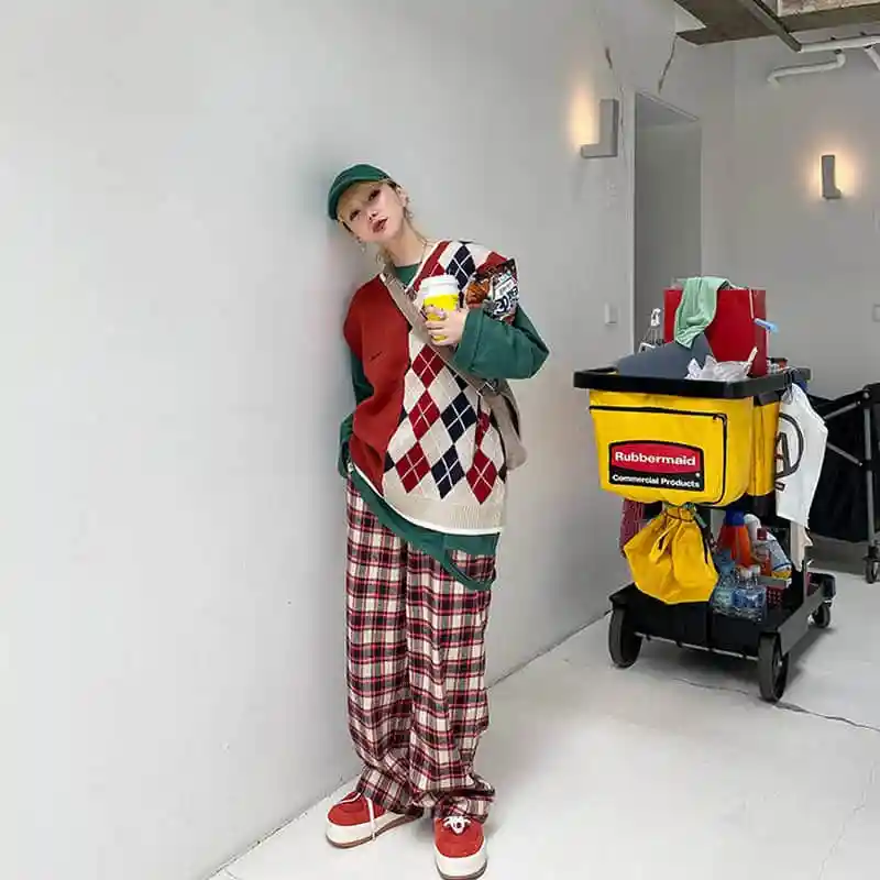 Японский Harajuku вязаный лоскутный жилет с Аргайлом для мужчин и женщин унисекс Повседневный вязаный пуловер с v-образным вырезом свитер жилет размера плюс