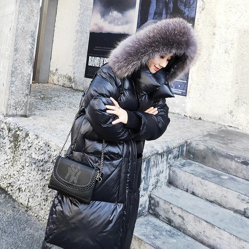 Стиль зима корейский стиль Dongdaemun X2 большой меховой воротник пуховик женский средней длины длинный выше колена толстый черный