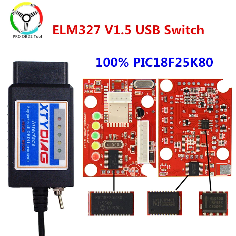 Высококачественный XTYDIAG ELM327 USB V1.5 модифицированный elmконфигуратор PIC18F25K80 + чип CH34
