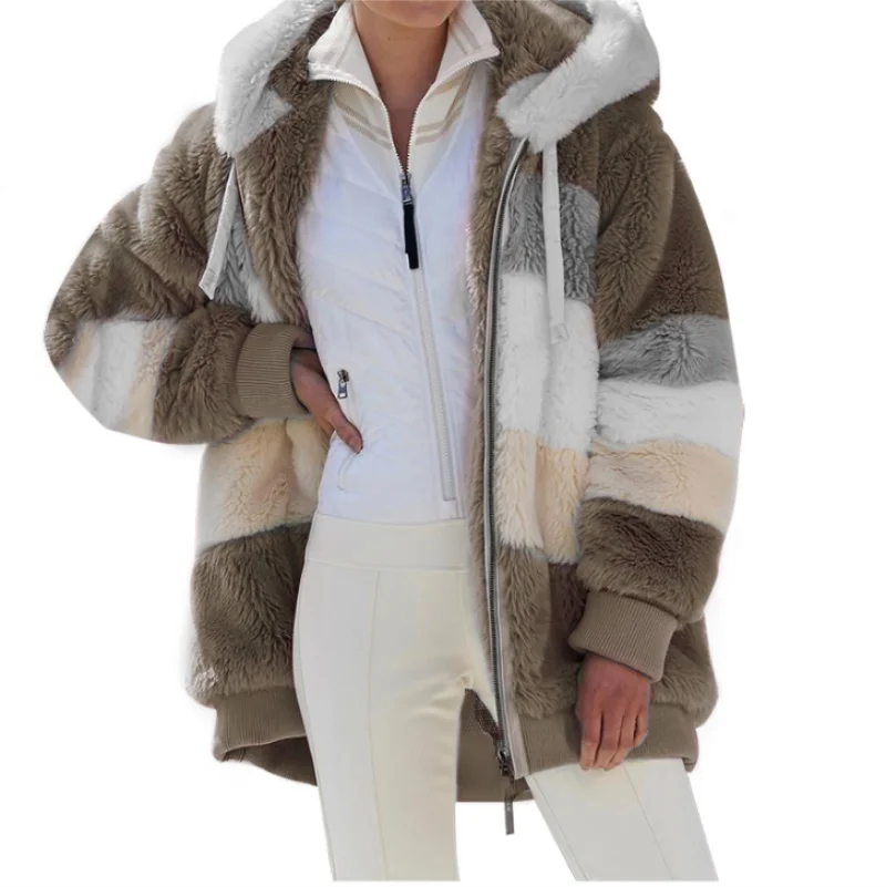 Women Warm Hooded Jacket Winter Zipper Casual Faux Fur Patchwork Parka Fleece Drawstring Ladies Coat 