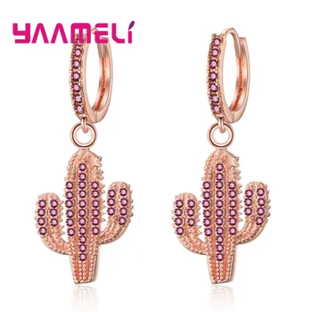 

Statement Crystal OL Style Rose Gold Drop Huggie Earrings Colorful Cubic Zirconia Cactus Plant for Women Girls Top Quality