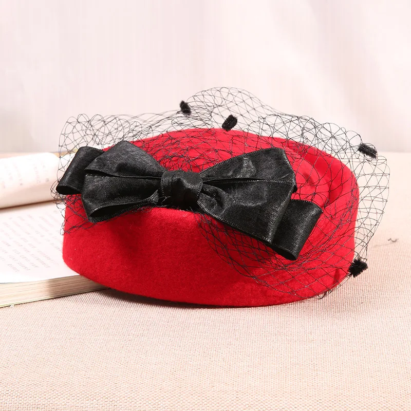 

High Quality Elegant Pure Wool Felt Fall/Winter Hat For Women Wedding Party Church Hats Veil Vintage Fedoras Berets Banquet Wear