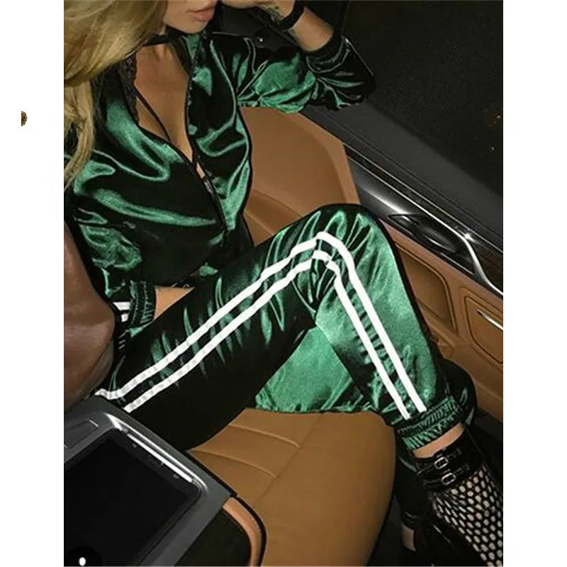 

Boofeenaa group women's shelter 2 parts, spring 2020, casaul, set with top and pants, satin, striped, zipper, sexy, sweatshirt