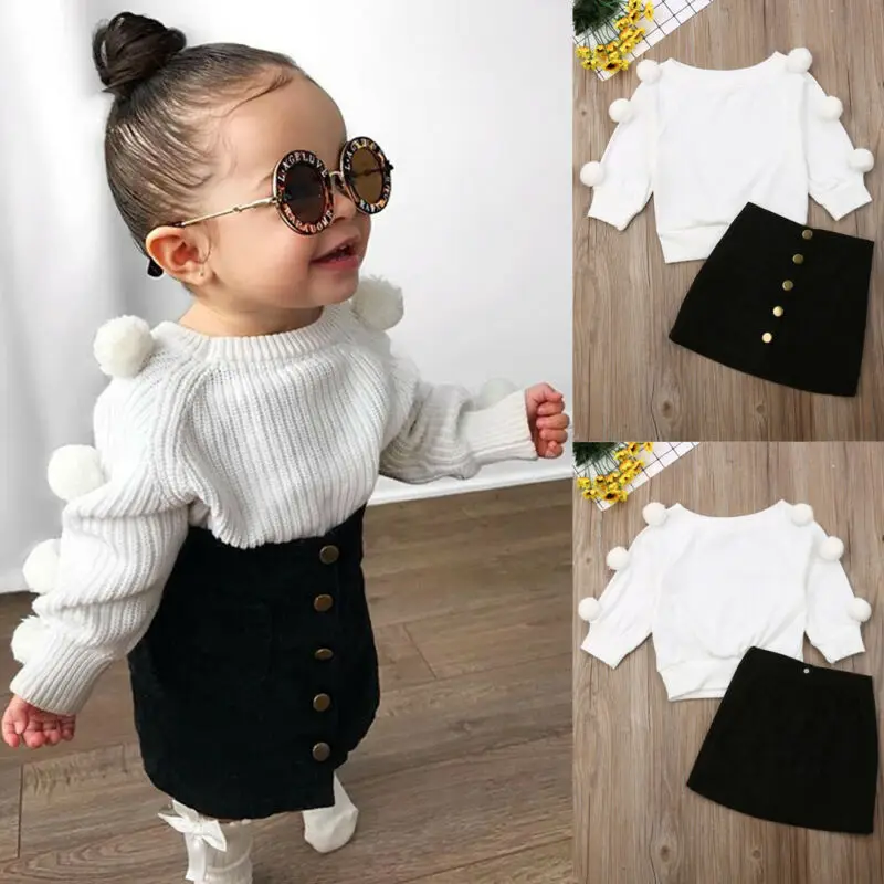 

2Pcs Winter Baby Kid Girl Warm Outfits Sets Hairball Knit Sweater Tops+Button Mini Skirts Children Autumn Warm Clothes
