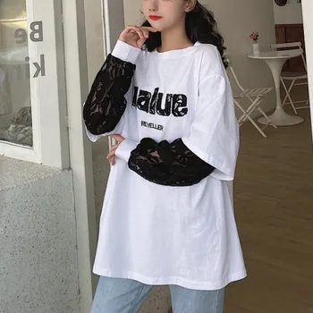 

new Women T-Shirt Letter Lace Tops Long Sleeve O Collar Ladies Sexy Sheer Fashion Spring Autumn Casual Loose Tee