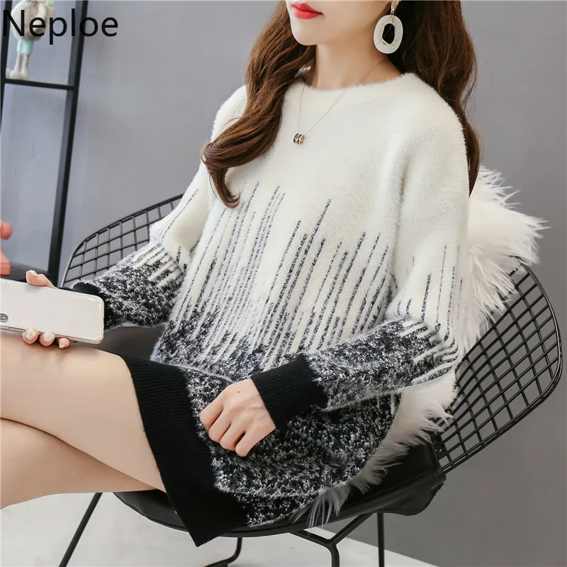 Neploe Imitation Water Velet Thicked Warm Pullover Sweater Contrast Color Patchwork Long Sleeve Pull Femme Autumn Winter Clothes | Женская