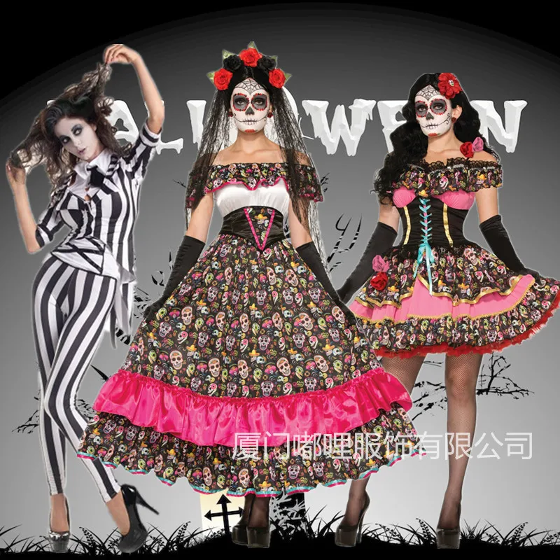 

COS Ghost Family Black And White Stripes Magician Tuxedo Skull Ghost Bride Zombie Vampire Dress
