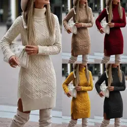 Moda feminina outono e inverno grosso quente manga longa soild cor magro ajuste plus size vestido de camisola feminina