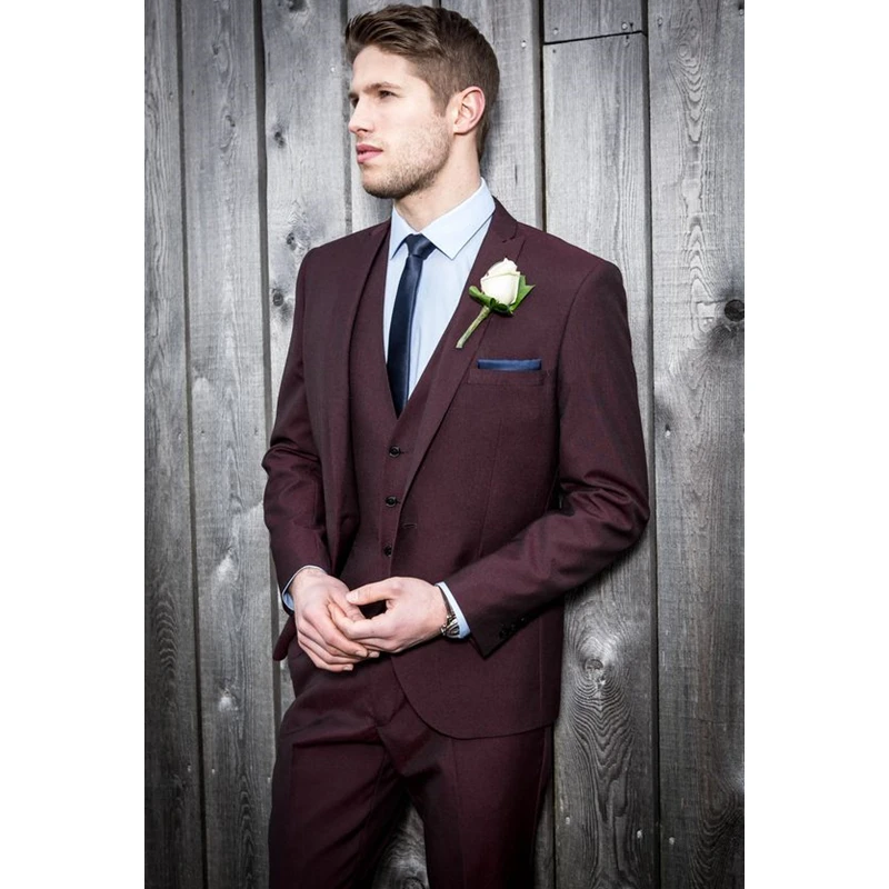

New Style Burgundy Wedding Suits For Men Slim Fit Custom 3 Piece Tuxedo Prom Groom Suits Blazer (Jacket+Pants+Vest) FA679
