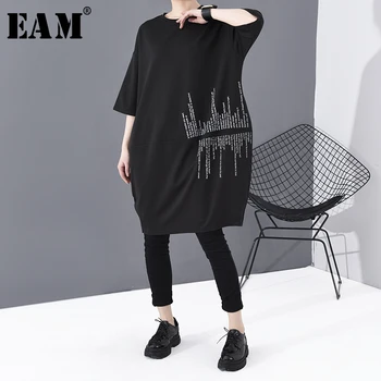 

[EAM] Women Pattern Printed Big Size Dress New Round Neck Three Quarter Sleeve Loose Fit Fashion Tide Spring Autumn 2020 1R67201