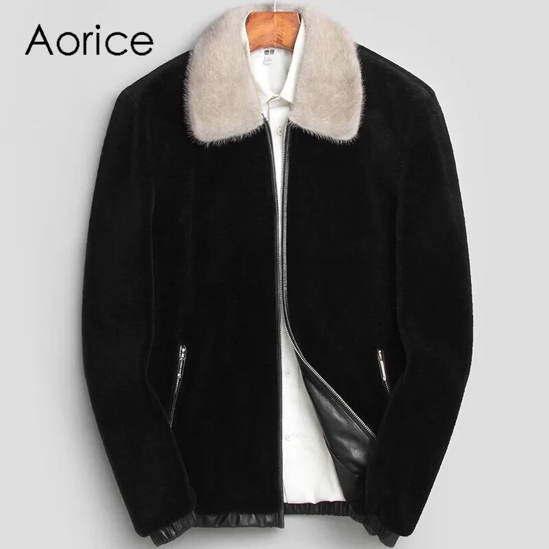 

Aorice 2020 Men real fur Jacket with mink fur collar Outerwear Black/Slim/Simple Business Style/Sheep shearling Coat MT809