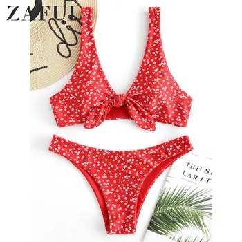 

ZAFUL Tiny Floral Low Waisted Knot Bikini Swimsuit Plunge Bathing Suit Reversible Ditsy Printed Bikinis Set 2020 Beach Summer