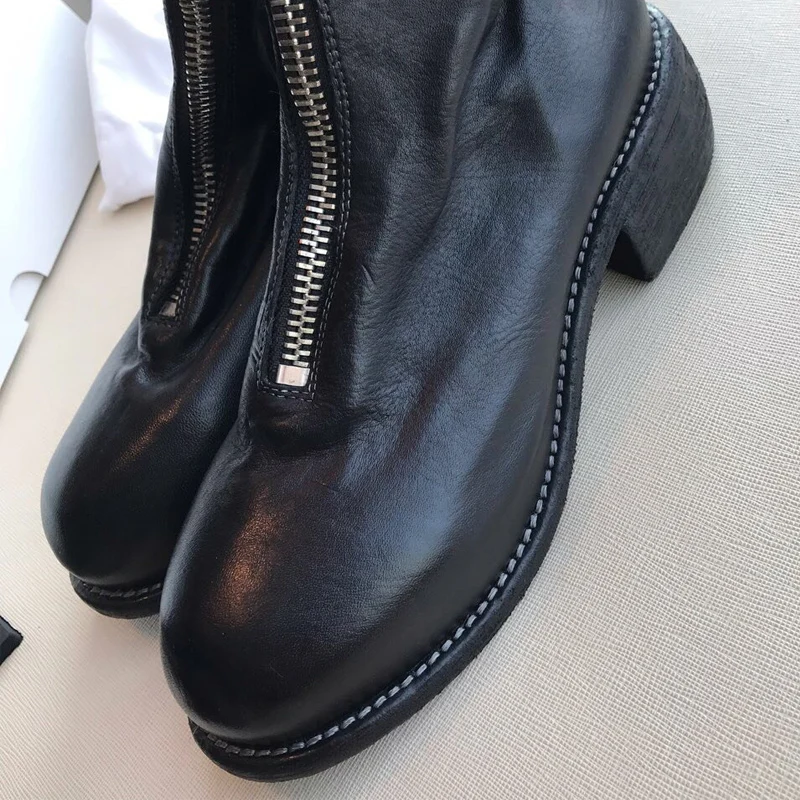 designer round toe leather short boots women low heel motorcycle boots high quality front zip martin ankle boots for women