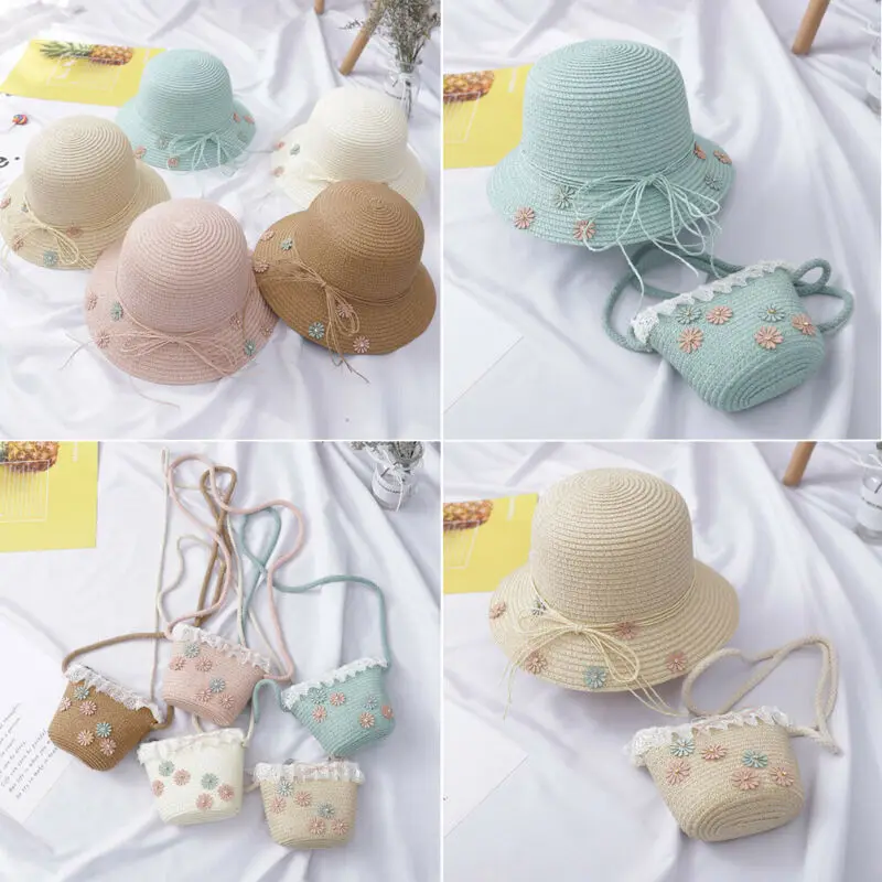 Citgeett Summer Cute Toddler Kids Baby Girls Beach Bucket Breathable Cap Straw Sun Hat+Shoulder Handbag Straw Bag Floral