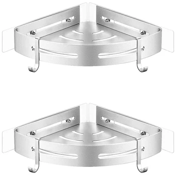 

Corner Shower Shelf with 4 Hooks for Bathroom Toilet Kitchen Storage Organizer Adhesive No Drilling Aluminum - 2 Tier