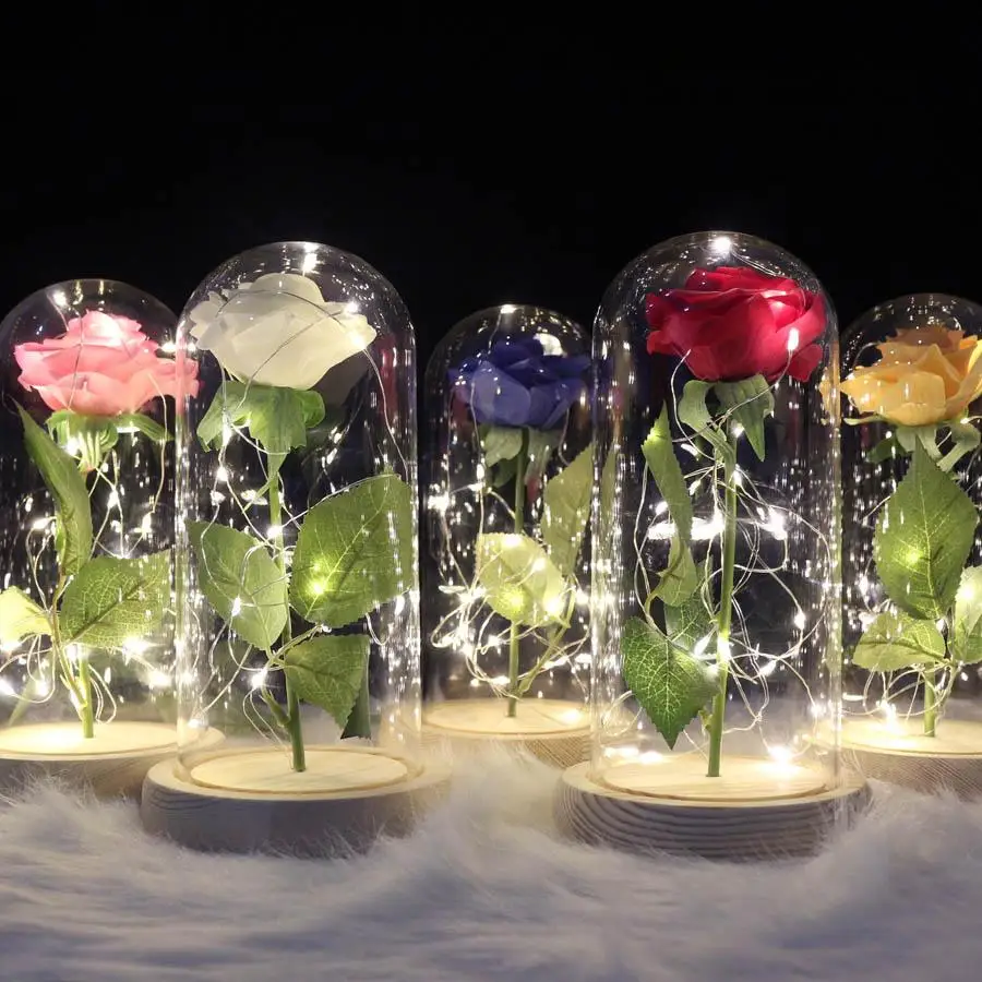 Роза Красавица и Чудовище среднего размера купольная из стекла forever rose красная