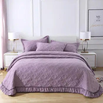

Purple Gray Blue Green Yellow 100% Cotton Solid Color Quilted Ruffle Bedspread Coverlet Bed Cover Set Bed Sheet With Pillowcases