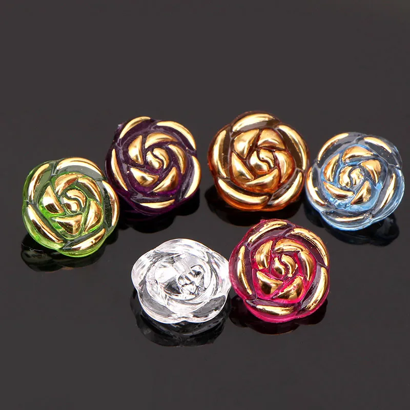 10pcs Crystal Buttons Candy Color Gold Edge Clear Rose Flower Acrylic Buttons for Decoration Handmade Craft Sewing Accessories