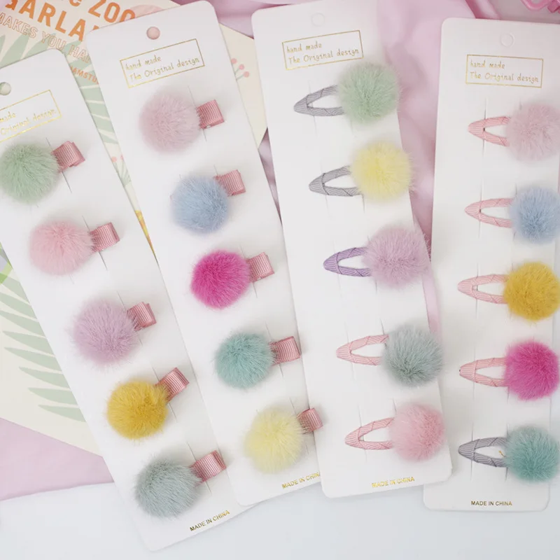 Oaoleer 5cs/lot Pompom Baby Hair Clips Lovely Fur Hairpins Barrettes Set For Baby Girls Kids Fashion Ball Hairgrips Accessories