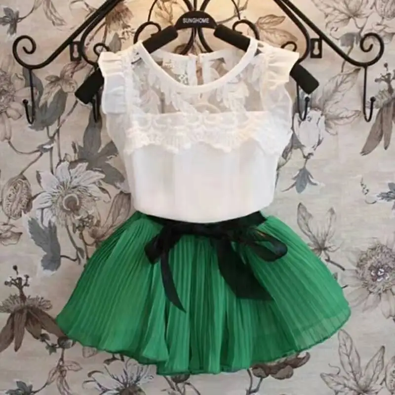 Chiffon Girls Clothing Set White Green Red Lace Shirts Tutu Skirt 2pcs Kids Suits for Girl Kids Baby Summer Children Clothes