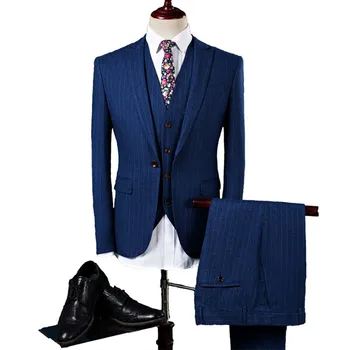 

Suits men's striped suit business banquet British style tuxedo casual Korean suit three-piece suit (jacket + pants + vest)