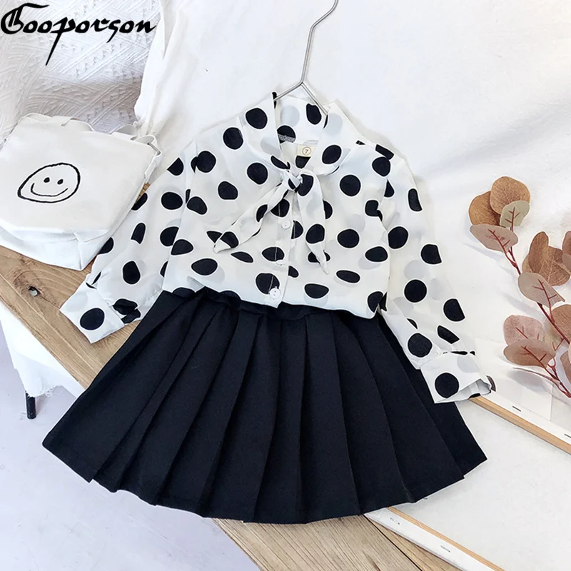 Gooporson Fall Kids Clothes Dots Bow Blouse&ampPleated Skirt Baby Girls Outfits Fashion Little Costume Clothing Set | Мать и ребенок