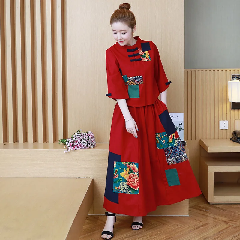 

2018 Autumn New Style Ethnic-Style Cotton Linen Mixed Colors Applique Three-quarter-length Sleeve Stand Collar T-shirt + Skirt F