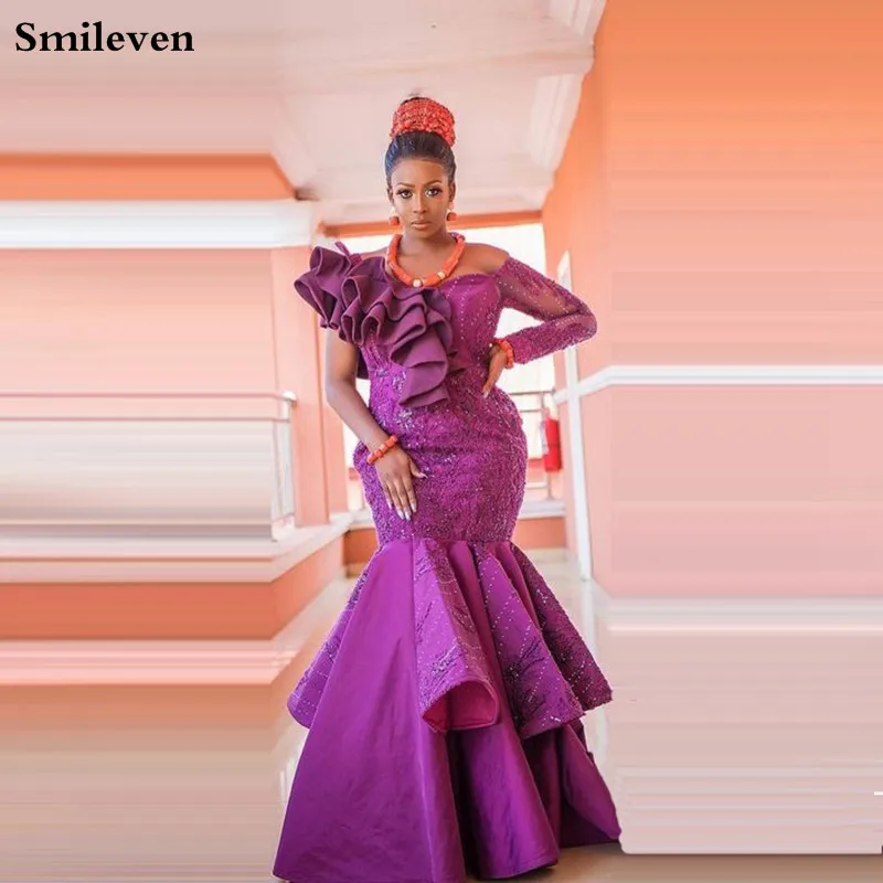 

Smileven Sexy Mermaid Kaftan Evening Dresses One Shoulder Lace Arabic Special Occasion Dresses Dubai Prom Party Gowns