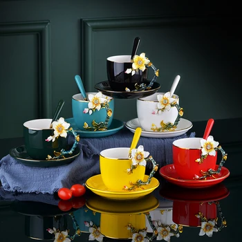 

Creative 3D Blossom Apricot Flower Colored Coffee Mug Cup Set Enamel Porcelain China Bone Tea Milk Drinkware Friend Wedding Gift