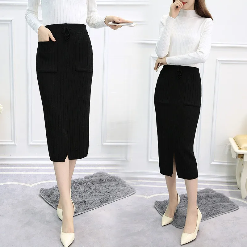 Сексуальная облегающая элегантная юбка-карандаш до колена осенне-зимняя повседневная трикотажная юбка женская однотонная шапка женские Юбки-миди с разрезом спереди Jupe