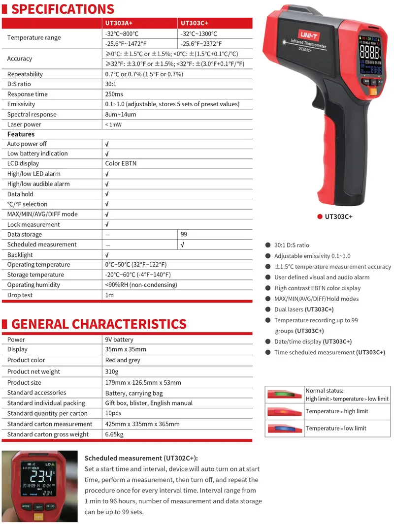 UNI-T UT302A+/302C+/302D+/303A+/303C+/303D+ Инфракрасные термометры; промышленный цветной экран электронный термометр