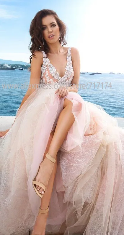 Hochzeit kleid с v-образным вырезом и кружевной аппликацией, мягкое Тюлевое свадебное платье трапециевидной формы с v-образным вырезом и шлейфом, свадебное платье Abito da sposa - Цвет: same as picture