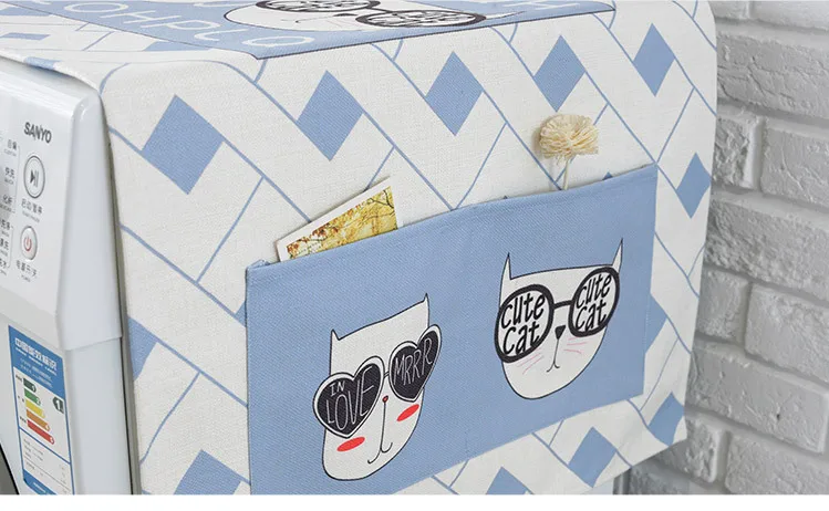 Cartoon Cat Washing Machine Cover Refrigerator Cover Dustproof Waterproof Cover Cotton Linen Bedside Table Cover Towel Microwave