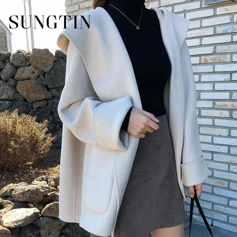 Tanie Sungtin jesienno-zimowa z kapturem ciepła wełna płaszcz z mieszanki kobiet sklep