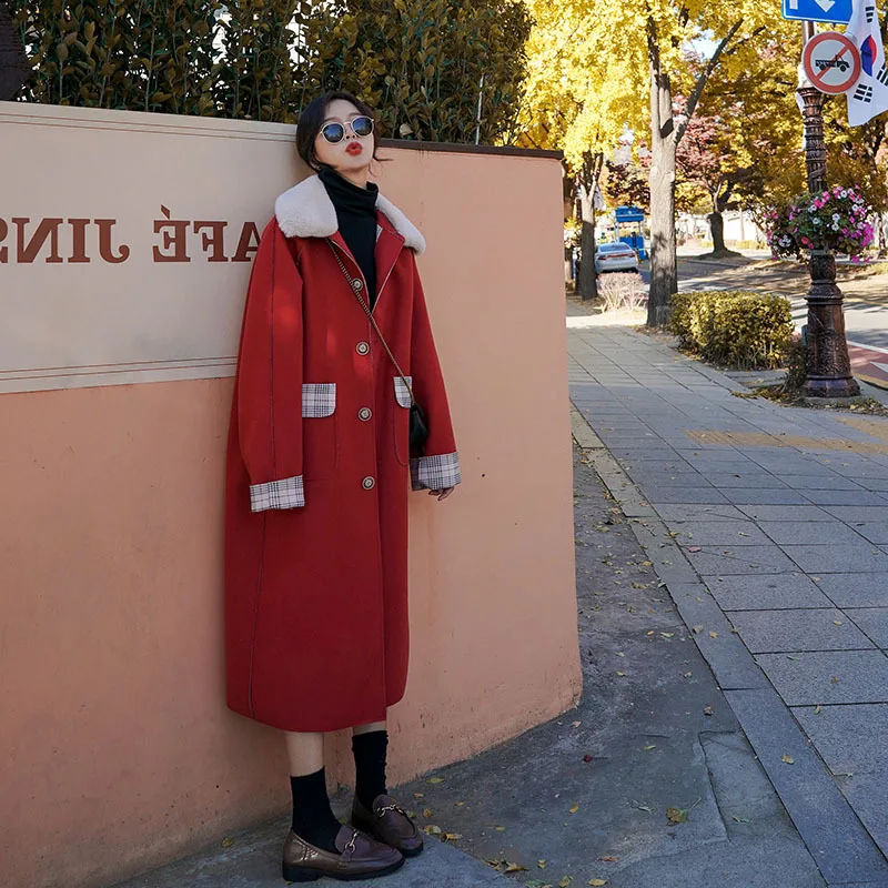 

Photo Shoot Red Retro Elegant Autumn And Winter Mid-length Woolen Jacket Women's Short-height Loose Thick over-the-Knee Overcoat