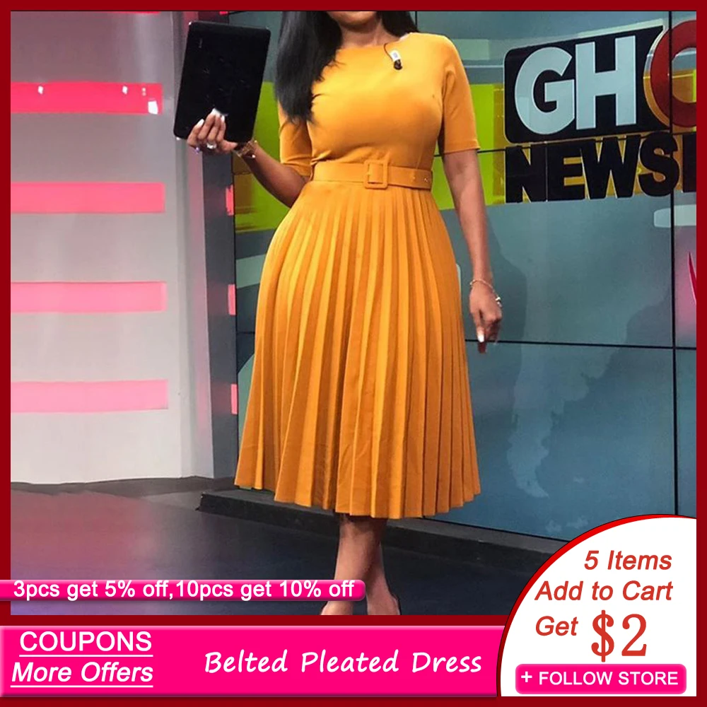 African Style Women Casual Belted Pleated Dress Elegant Chic Office Lady A-Line High Waist Dress 2020 Autumn Winter Fashion