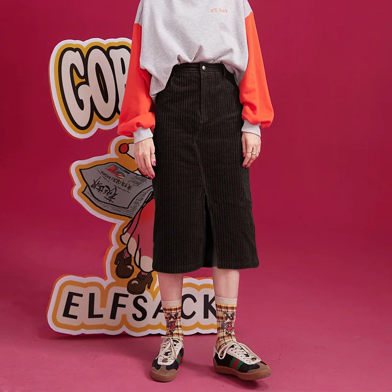 Черный ELFSACK, однотонные, вельветовые, с разрезом, необычные, повседневные, женские юбки, зима, чистая молния, минималистичный стиль, для офиса, для девушек, на каждый день - Цвет: Черный