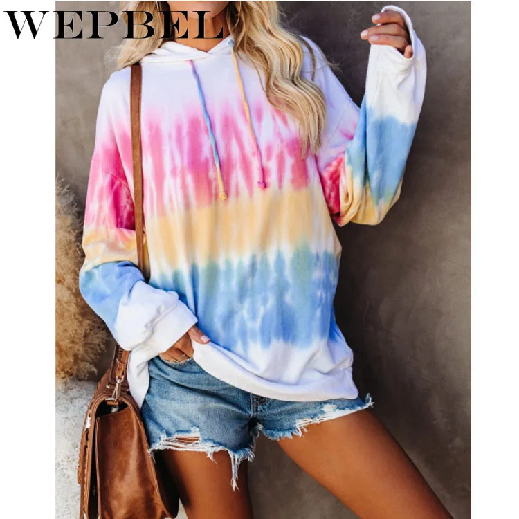

WEPBEL Women's Casual Long-Sleeved Sweatshirts Autumn and Winter Loose Tie-Dye Printed Hooded Sweatshirts