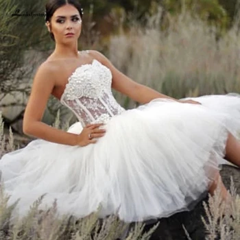 

Lakshmigown Fantastic Short Wedding Dress 2020 Vestido Curto Strapless Corset Pearl Beaded Bridal Gowns Wedding Dresses