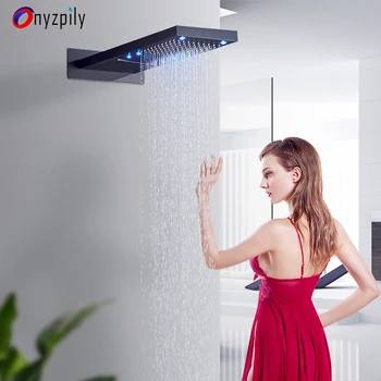 

Onyzpily LED Rain Waterfall Shower Head Faucet Showerhead Wall Mount 2 Function Water Outlet Shower Replace Head Faucet Rectangu
