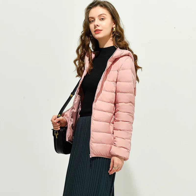 SuyaDream Hooded Woman Down Coat 90%White Duck Down Fill Simple Design Zipper Winter Coat 2021FW Outwear