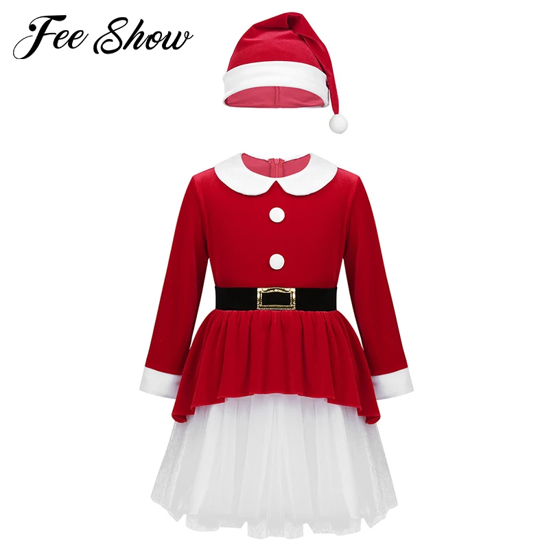 Рождественские платья красного цвета для девочек мягкий бархатный с длинными рукавами Сетчатое платье с поясом и шапочкой, комплект рождественского костюмированного платья Санта-Клауса