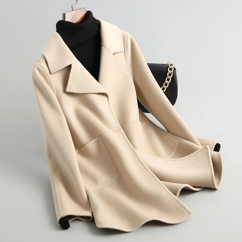 

Женское шерстяное пальто, однотонное двустороннее кашемировое пальто, верхняя одежда, 2020, Осень-зима, 38030