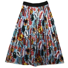 Плиссированная юбка длиной до середины икры с высокой талией, женские миди длинные женские повседневные юбки с мультипликационным рисунком, праздничная уличная Юбка-миди с поясом, джемпер