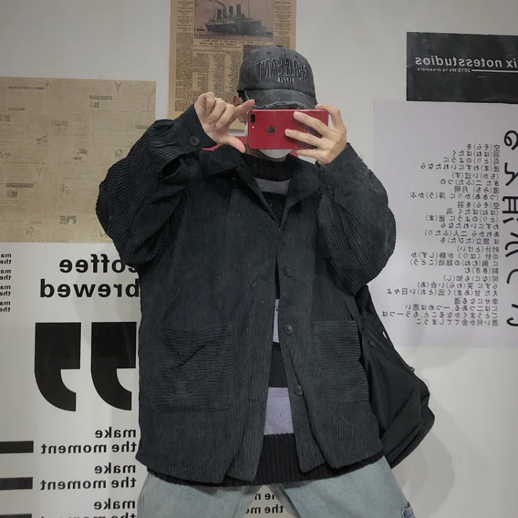 Harajuku уличная одежда для женщин и мужчин, большие размеры, с карманами, на пуговицах, с лацканами, вельветовое пальто, куртка, зима, осень, Blusas, топ, корейский, японский - Цвет: Черный