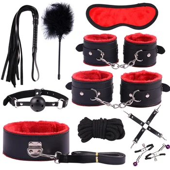 Sexy Leather BDSM Kits Plush Sex Bondage Set Handcuffs Sex Games Whip Gag Nipple Clamps Sex Toys For Couples Exotic Accessories 6