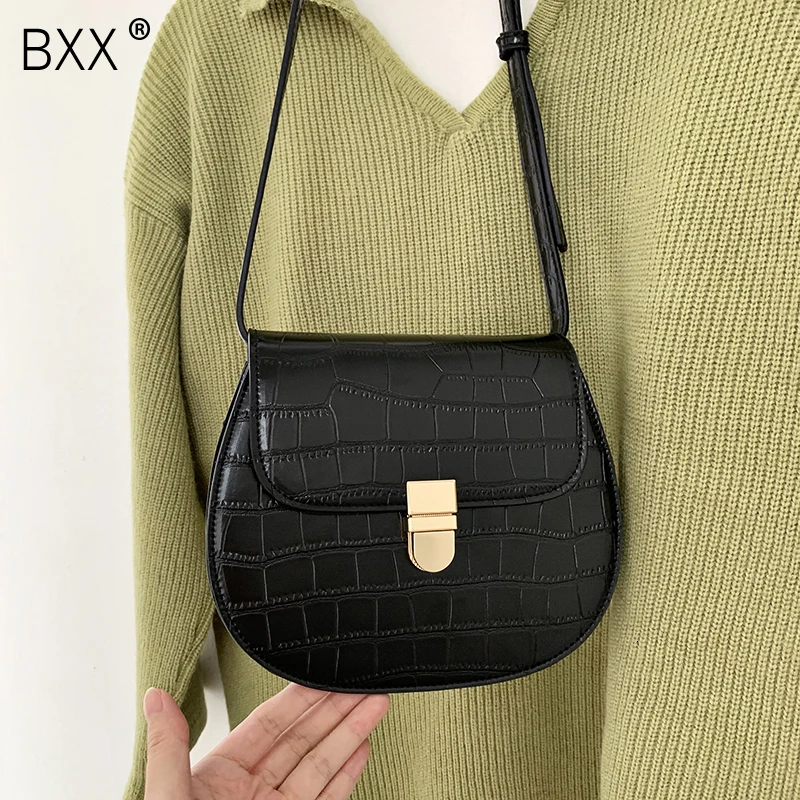 

[BXX] Crocodile Pattern Saddle Bags For Women 2020 Lady Designer Shoulder Messenger Bag Female Travel Handbags And Purses HJ350