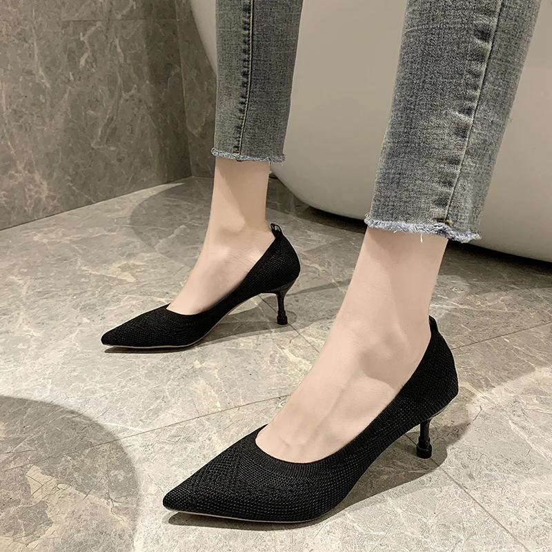 

Knitted Casual Thin High Heel Shoes Women 2020 Spring Elegant Pointed Toe Women Pumps 6.5 Cm Stiletto Heel Ladies 3 Colors