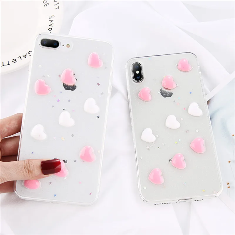 

KJOEW Phone Case For iPhone 6 7 Cute 3D Love Heart Glitter Bling Soft Back Cover For iPhone 6 6S Plus 7 8 X XR Xs Max Cases Hot