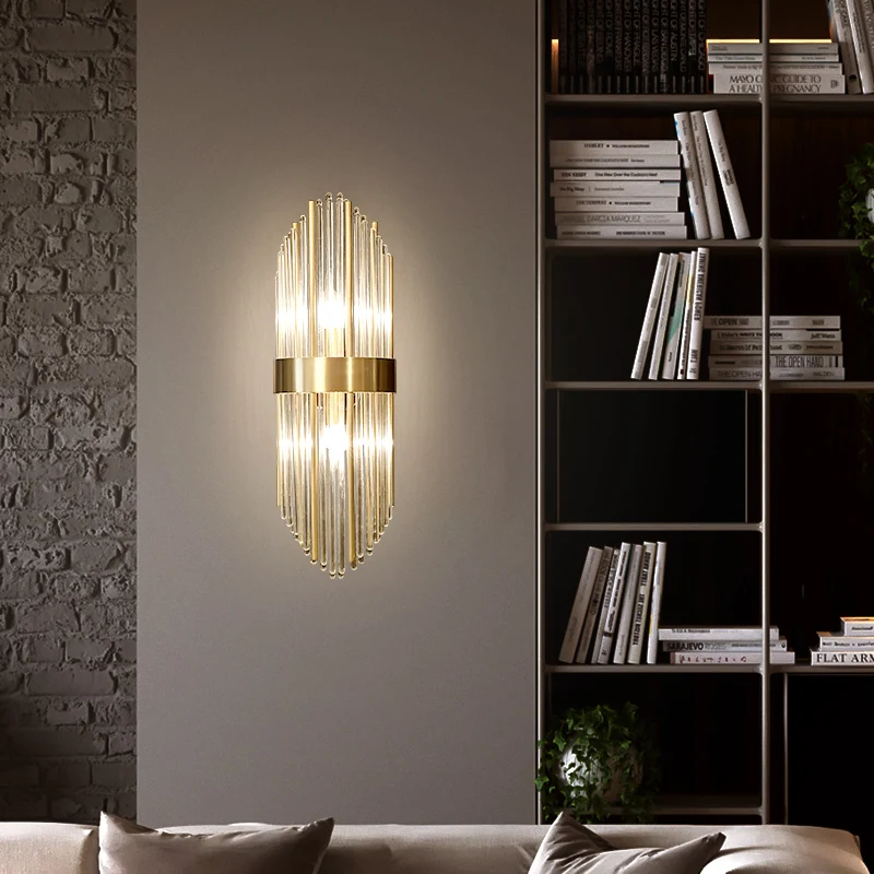 

Jmzm Modern Wall Lamp Living room Glass Rod Clear Copper Decorative Lamp Warm Room Study Bedroom Bedside Lamp